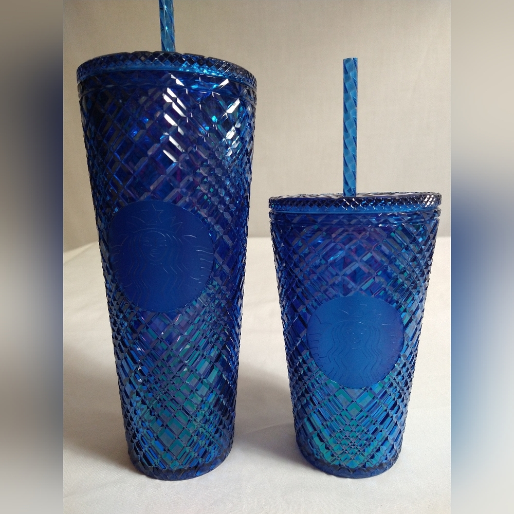 AUTHENTIC STARBUCKS JEWELED AZURE BLUE VENTI & GRANDE 2 COLD CUP BUNDLE (NWT)